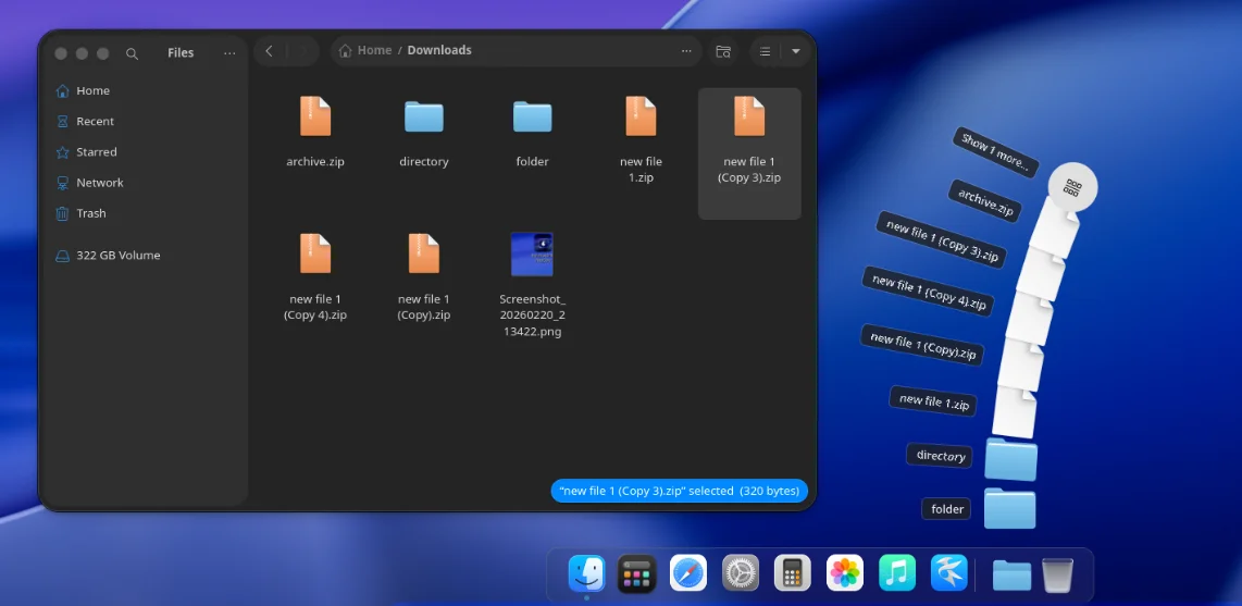 The Files app and the dock on the NiceC0re desktop.