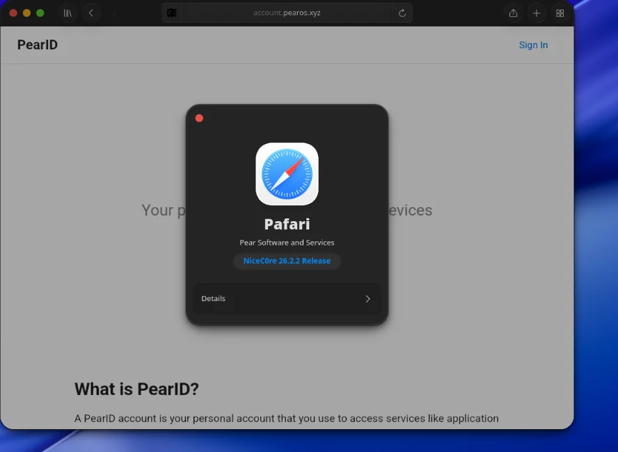 The Pafari browser on a PearID account page.